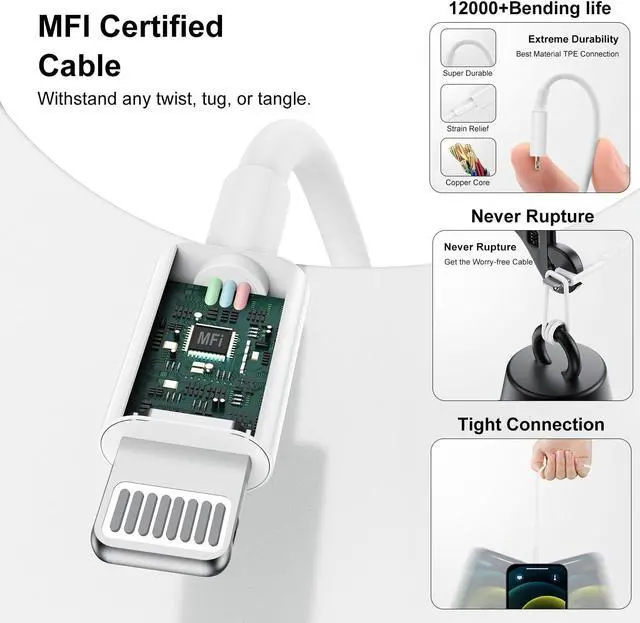 Alt view image 3 of 7 - [3x10FT] for iPhone Charger 20W USB C Fast Wall Charger with 10 ft USB C to Lightning Cable iPhone Charger Fast Charging Block with Long iPhone Chargers Cord for iPhone 14 13 12 11 Pro Max/XS-White