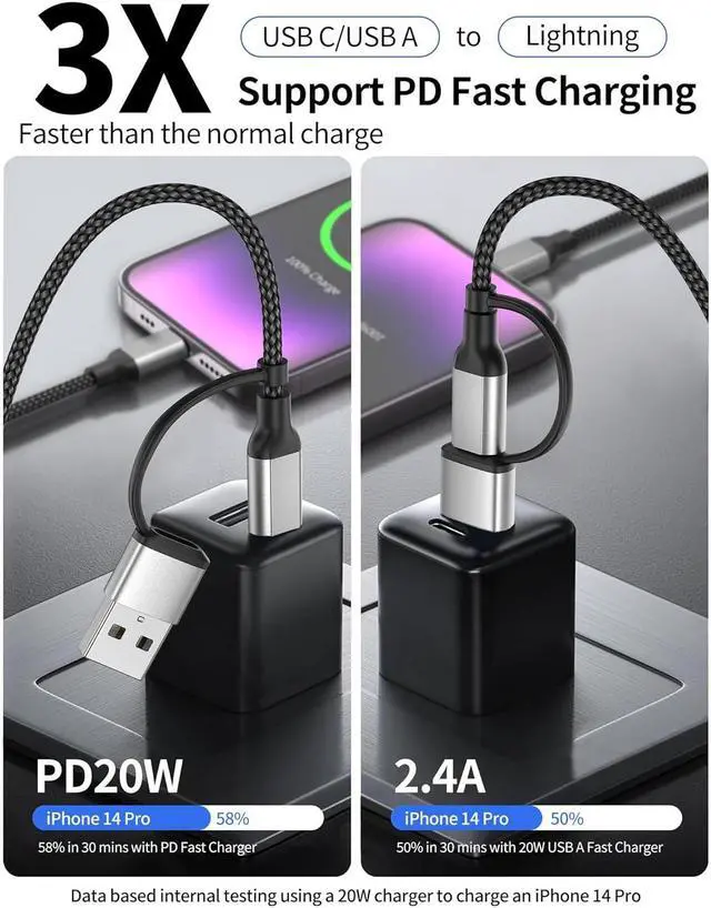 Alt view image 3 of 7 - 1FT USB C to Lightning Cable Short [2-in-1] 2Pack Power Delivery USB C iPhone Charger Fast Charging [MFi Certified] 12inch Braided Type C to  Cord for iPhone 14 13 12 11 Pro Max XR XS 8 SE iPad