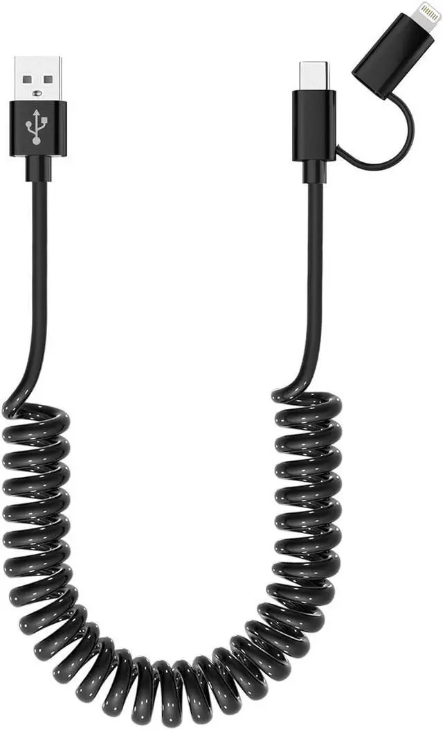 Main image of USB to USB-C and Lightning Cable Combo 2 in 1 Coiled Cable Apple Carplay & Android Auto Compatible [MFi & 3A Fast Charge & Data Sync] Coiled Lightning and USB C Cable for iPhone 15/14/13/12/Android