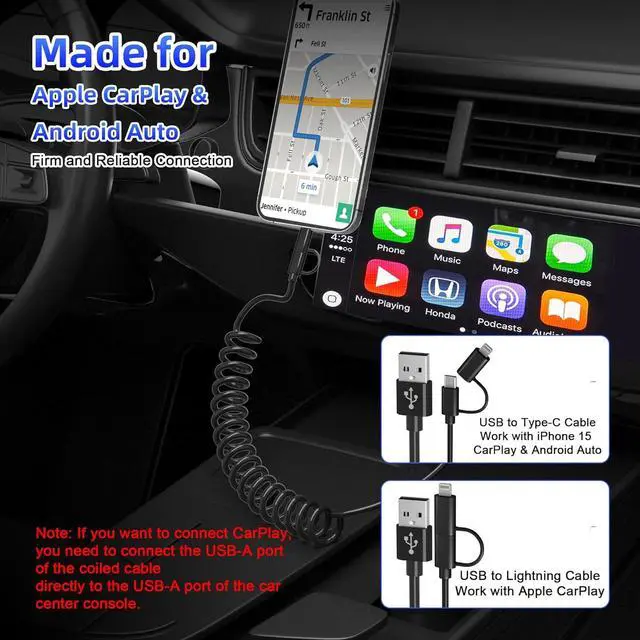 Alt view image 2 of 7 - USB to USB-C and Lightning Cable Combo 2 in 1 Coiled Cable Apple Carplay & Android Auto Compatible [MFi & 3A Fast Charge & Data Sync] Coiled Lightning and USB C Cable for iPhone 15/14/13/12/Android