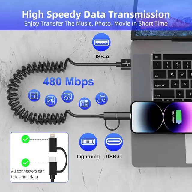 Alt view image 5 of 7 - USB to USB-C and Lightning Cable Combo 2 in 1 Coiled Cable Apple Carplay & Android Auto Compatible [MFi & 3A Fast Charge & Data Sync] Coiled Lightning and USB C Cable for iPhone 15/14/13/12/Android