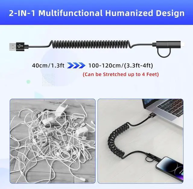 Alt view image 7 of 7 - USB to USB-C and Lightning Cable Combo 2 in 1 Coiled Cable Apple Carplay & Android Auto Compatible [MFi & 3A Fast Charge & Data Sync] Coiled Lightning and USB C Cable for iPhone 15/14/13/12/Android