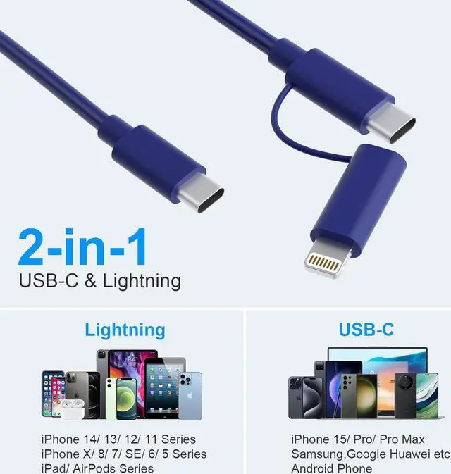 Alt view image 2 of 7 - USB C to USB C and Lightning 2 in 1 Coiled Cable 3ft USB Type C Lightning Dual Cable for  Carplay & Android Auto PD 60W Fast Charging Data Sync for iPad Laptop  iPhone Dark Blue