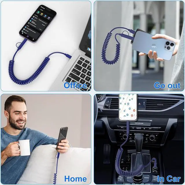 Alt view image 7 of 7 - USB C to USB C and Lightning 2 in 1 Coiled Cable 3ft USB Type C Lightning Dual Cable for  Carplay & Android Auto PD 60W Fast Charging Data Sync for iPad Laptop  iPhone Dark Blue