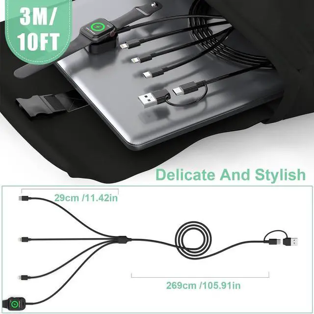 Alt view image 7 of 7 - Travel Multi 4-in-1 USB C Universal Smart iWatch Fast Charging Cable,3M/10FT Type C+USB A Watch Charger+Lightning*2+Type C Cord Combo Adapter for iWatch Series9 8 7 6 5 4 3 2 SE/iPhone15 14/