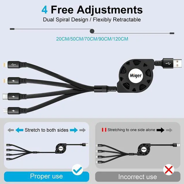 Alt view image 3 of 6 - Multi Charging Cable 4A [2Pack 4Ft] Retractable USB Fast Charger Cord 4 in 1 Chargers for Multiple Devices with Lightning/Type C/Micro USB Port for Cell Phones,iPhone,iPads,Samsung Galaxy,Tablets
