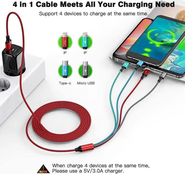 Alt view image 2 of 7 - Multi Charging Cable 3.5A [2Pack 6Ft] 4 in 1 Braided Multi Charging Cord Fast Charging Cable Multi USB Cable Adapter with IP/Type C/Micro USB Port for Cell Phones  Galaxy PS Tablets & More