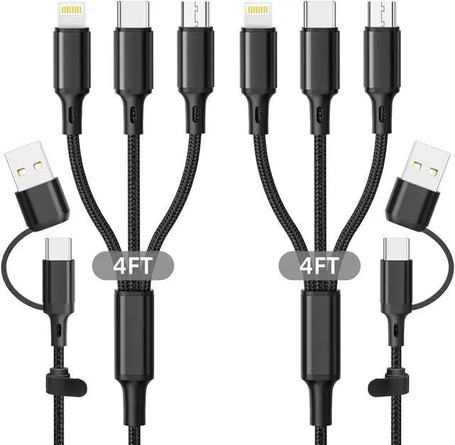 Main image of 2Pack 6 in 1 4ft Multi Charger Cable, Nylon Braided USB A/C to Phone USB C Micro USB Lightning Connector, Charging Cord for iPhone/Samsung - Black