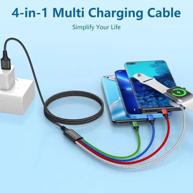 Alt view image 2 of 7 - 2Pack Multi Charging Cable for Apple Watch Charger USB Magnetic Charger Nylon Braided USB C/L/Micro Port Compatible with iWatch Series 10-1/iPhone 16/15/Galaxy Android-4FT