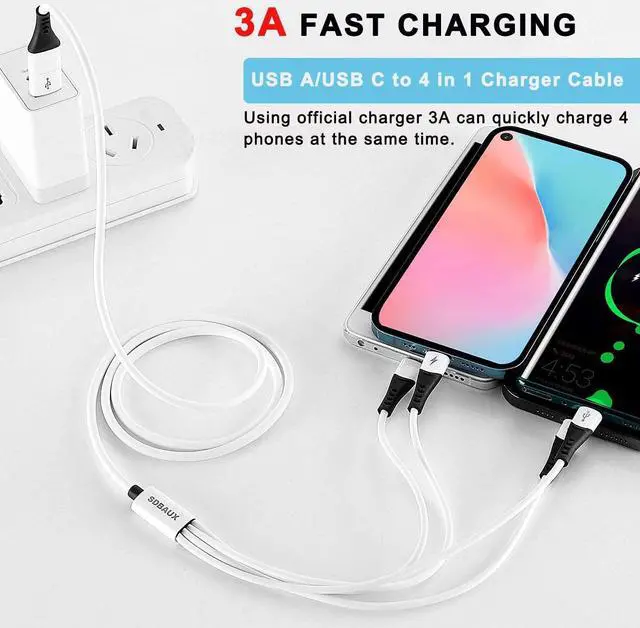 Alt view image 3 of 7 - 6 in 1 USB A to USB C Multi 4 in 1 Dual Phone Type C Micro Port Charger Cord 3A Fast Charging Cable Compatible with Most Mobile Phones and Electronic Devices Tablets