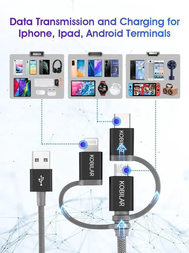Alt view image 3 of 7 - MFi Certified 3 in 1 Charging Cable CarPlay Cable USB A to Lightning/Type-C/Micro Multi Charger Cable Compatible with iPhone iPad  Pixel MacBook Pro/Air Android