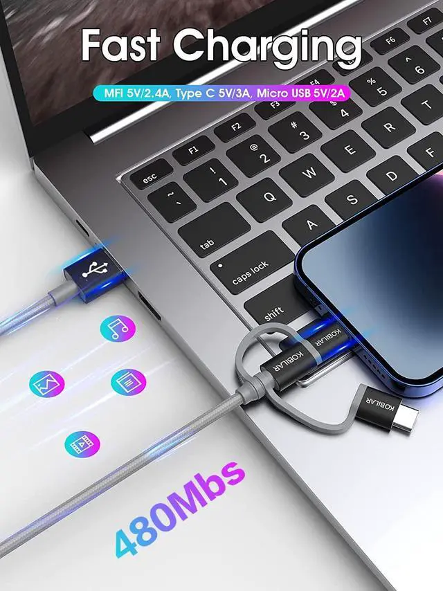 Alt view image 4 of 7 - MFi Certified 3 in 1 Charging Cable CarPlay Cable USB A to Lightning/Type-C/Micro Multi Charger Cable Compatible with iPhone iPad  Pixel MacBook Pro/Air Android