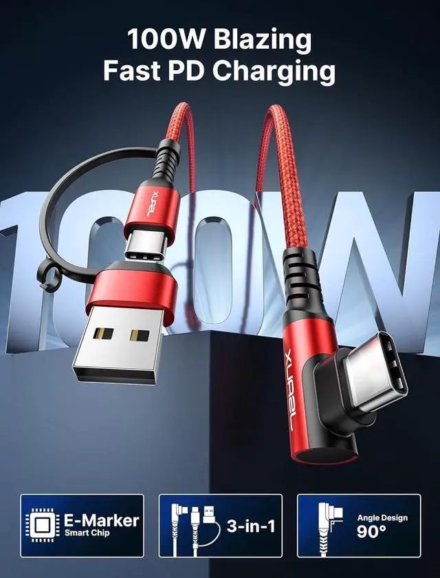 Alt view image 4 of 7 - 100W USB C Cable [2-Pack 10FT] Right Angle USB C to USB C Fast Cord with USB A to C Adapter Compatible with iPhone 16/16 Plus/ 16 Pro/ 16 Pro Max iPhone 15  MacBook iPad - Red