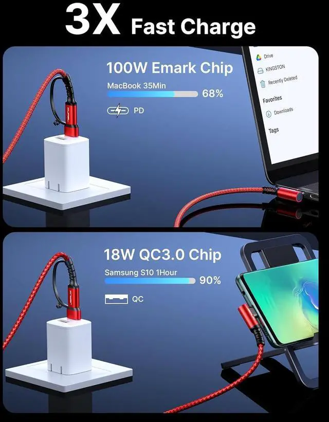 Alt view image 5 of 7 - 100W USB C Cable [2-Pack 10FT] Right Angle USB C to USB C Fast Cord with USB A to C Adapter Compatible with iPhone 16/16 Plus/ 16 Pro/ 16 Pro Max iPhone 15  MacBook iPad - Red