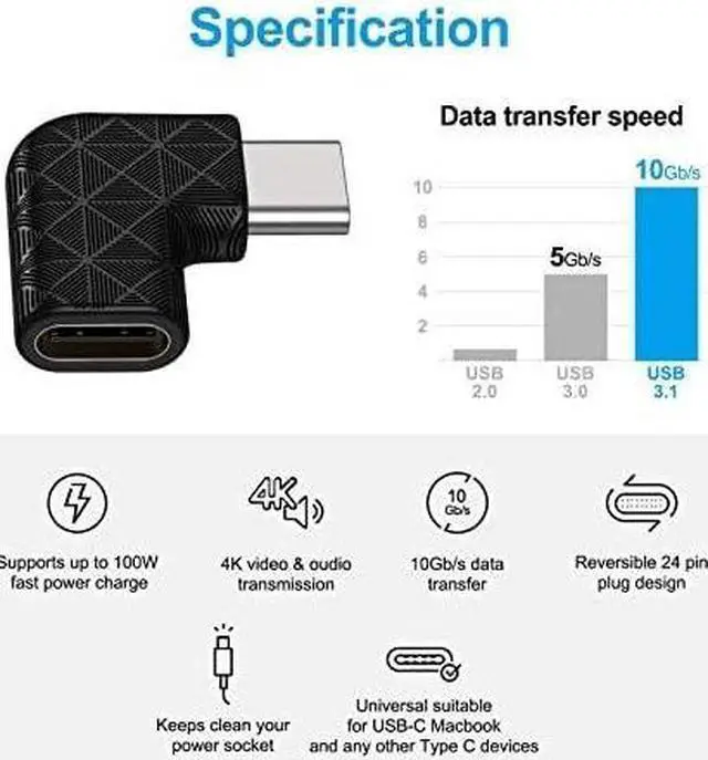 Alt view image 6 of 6 - USB C Right Angle Adapter 90 Degree USB C to USB Type-C Male to Female Adapter (3 Pack). Support USB-C 3.1 PD 100W Quick Charge 10Gb/s Data Transfer for Laptop & Tablet & Mobile Phone -Black
