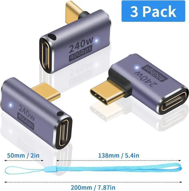 Alt view image 7 of 7 - USB C 90 Degree Adapter [40Gbps 240W Fast Charging and 8K Video ] USB C Angle Adapter Support Thunderbolt 4/3 Cable for Laptop Tablet and Phones (3 Pack)