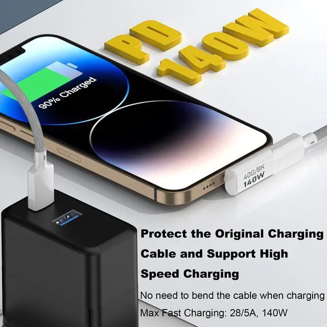Alt view image 3 of 6 - 2 Pack USB C Male to Female Adapter 90 Degree Right Angle Type C Extender Support 140W 40Gbps 8K@60Hz for Thunderbolt 4/3 MacBook Pro/Air Laptop Phones and More Type C Devices (White)