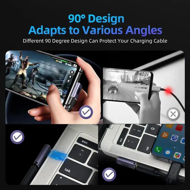 Alt view image 3 of 5 - USB C Right Angle Adapter 100W PD USB4 Type C Adapter 40Gbps 90 Degree USB C Right Angle Adapter Support 8K 60Hz Video with LED Light for ipad Thunderbolt 4 MacBook Tablet Phone (2 Pack)