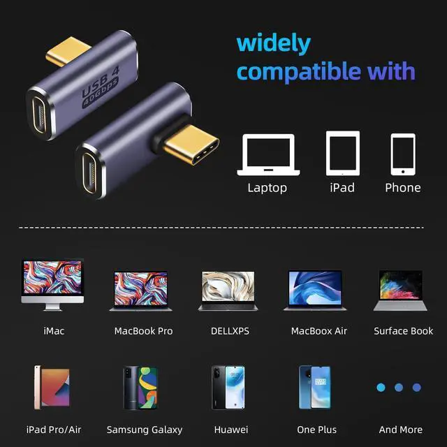 Alt view image 5 of 5 - USB C Right Angle Adapter 100W PD USB4 Type C Adapter 40Gbps 90 Degree USB C Right Angle Adapter Support 8K 60Hz Video with LED Light for ipad Thunderbolt 4 MacBook Tablet Phone (2 Pack)