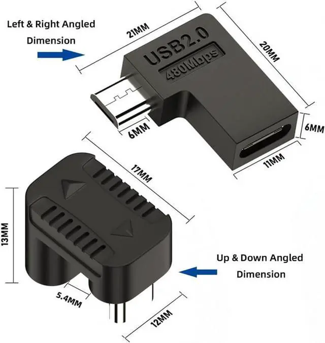 Alt view image 2 of 7 - 90/360 Degree Angled USB-C to Micro USB Adapter 4 Pack USB2.0 Type C Female to Micro USB Male Power Data Adapter(Right & Left &Up & Down) for Phone Tablet