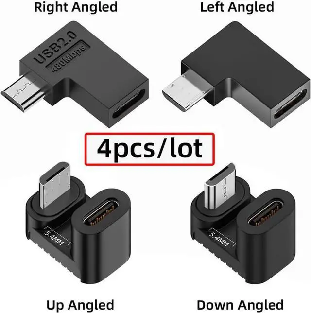 Alt view image 3 of 7 - 90/360 Degree Angled USB-C to Micro USB Adapter 4 Pack USB2.0 Type C Female to Micro USB Male Power Data Adapter(Right & Left &Up & Down) for Phone Tablet