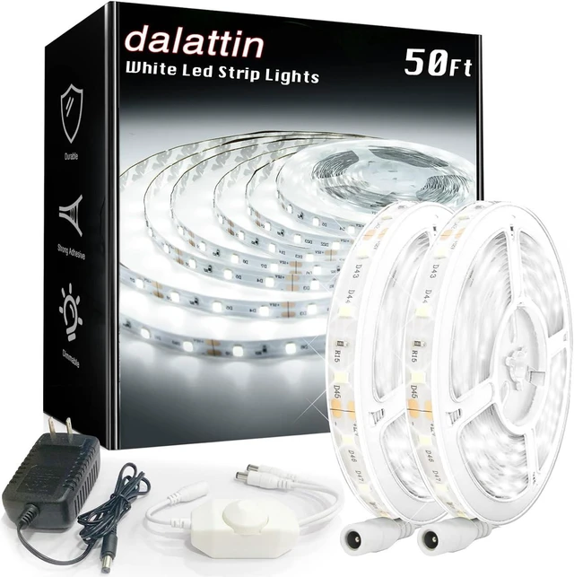 Main image of White LED Strip Lights 50ft Dimmable Bright 24V Led Light Strip 6500K Daylight White 900 LEDs Lights for Bedroom Mirror Kitchen Strong Adhesive2 Rolls of 25ft