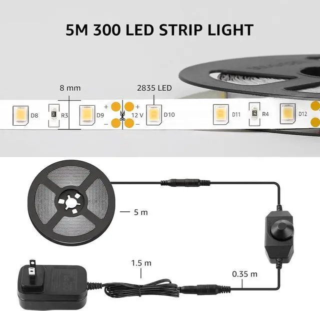 Alt view image 6 of 7 - LED Strip Light White 16.4ft Dimmable Vanity Lights 6000K Super Bright LED Tape Lights 300 LEDs 2835 Strong 3M Adhesive Suitable for Home Kitchen Under Cabinet Bedroom Daylight White