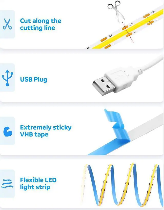Alt view image 4 of 7 - USB Led Light Strip COB Led Strip Lights 5V Daylight Cold White 6000K 3.28FT 320Leds Flexible TV Led Lights USB Powered 1M for Under Cabinet Kitchen Living Room Shelving or Displays