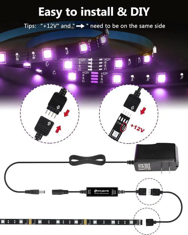 Alt view image 3 of 7 - LED Strip Lights Small LED Light Strips Dimmable RGB 5050 Color Changing LED Tape Light with Remote and UL-Listed Adapter for TV Backlight Bedroom Cabinet Shelf Display