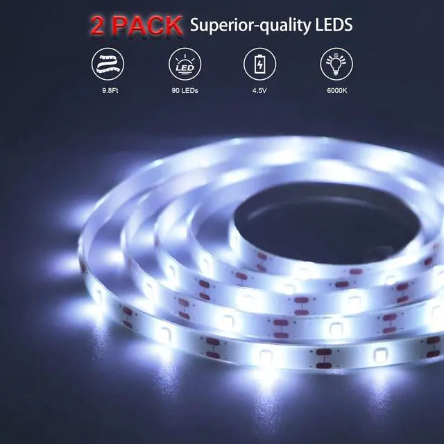 Alt view image 2 of 7 - 2PACK LED Strip Lights Battery Operated 9.8FT 90 LED Strip Lights with Remote Controller Timer Dimmable Self-Adhesive Waterproof Flexible Light Strip for Bedroom Room Outdoor Table Kitchen Decor