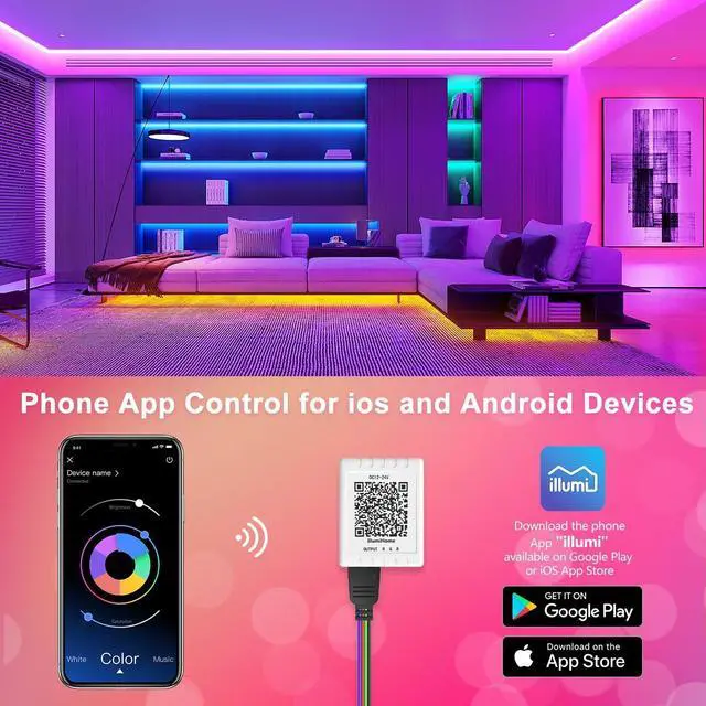 Alt view image 2 of 7 - Led Lights for Bedroom 50ft(1 Roll of 50ft) Music Sync Color Changing Led Strip Lights Smart with Remote and App Control Built-in Mic for Party Home Room Decor Luces LED para Cuarto