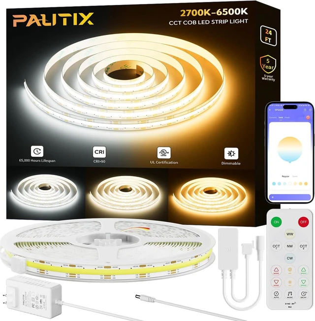 Main image of COB LED Strip Lights 2700K-6500K CCT Tunable White 24ft UL-Listed Dotless LED Lights Super Bright Dimmable 24V LED Tape Light with APP/RF Remote Control,Under Cabinets Bedroom Kitchen Lighting