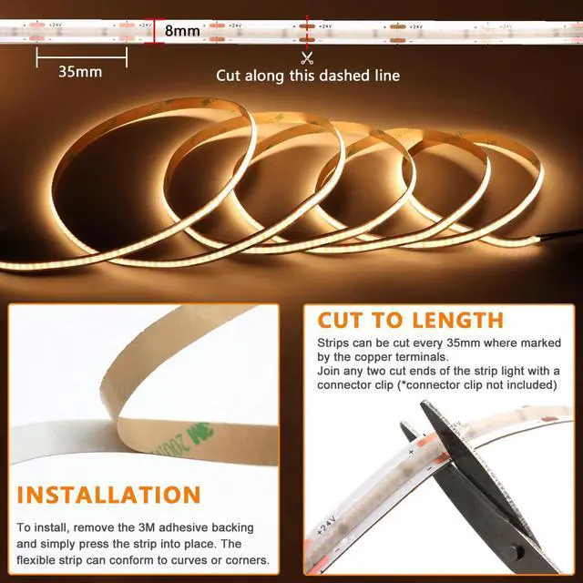 Alt view image 5 of 7 - 16.4ft COB LED Strip Lights CCT 2700K-6500K UL-Listed 24V Dimmable LED Light CRI 93 2400LEDs Super Bright LED Tape Lighting with 60W LED Driver ETL-Listed and Remote Controller