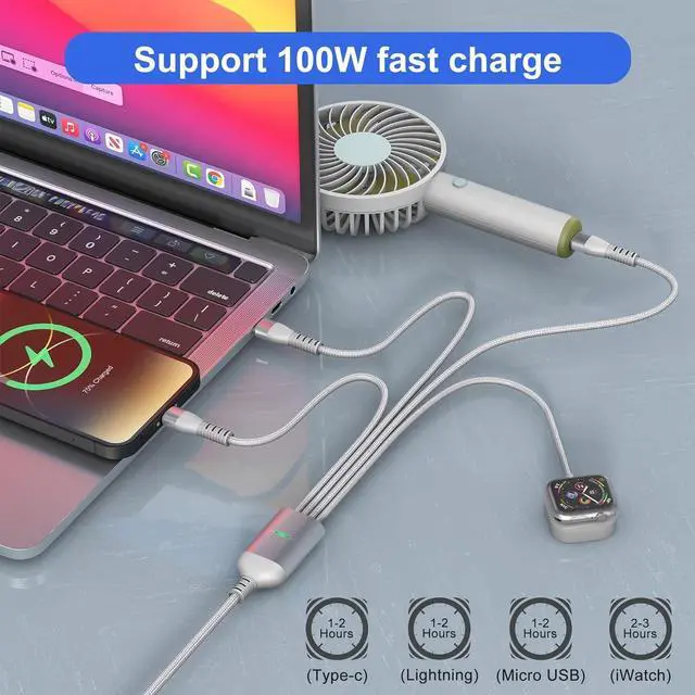 Alt view image 3 of 7 - 100W USB C Fast Charge Multi Charging Cable for  Watch and iPhone 15 10FT 4 in 2 USB C/A Fast Charging Cable Compatible with All iWatch iPhone MacBook iPad  Galaxy and Other Type-C Devices