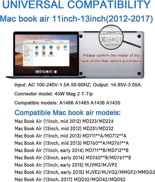 Alt view image 2 of 6 - Mac Book Air Charger Replacement 45W Power T-tip Magnetic DC Connector Adapter for Mac Book Air 11 inch and 13 inch (Between 2012-2017)
