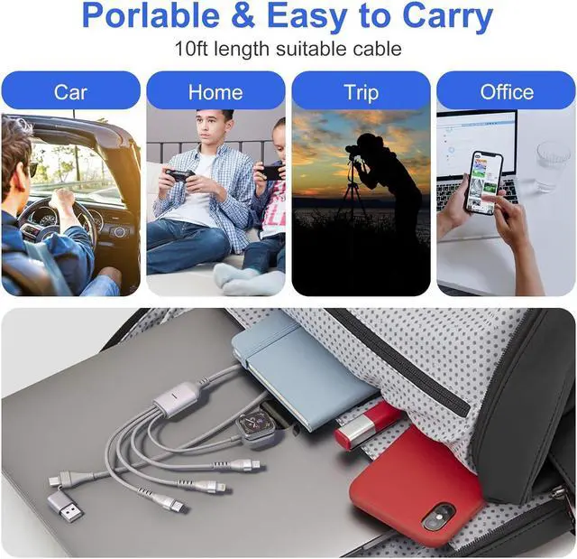 Alt view image 7 of 7 - 100W USB C Fast Charge Multi Charging Cable for  Watch and iPhone 15 10FT 4 in 2 USB C/A Fast Charging Cable Compatible with All iWatch iPhone MacBook iPad  Galaxy and Other Type-C Devices