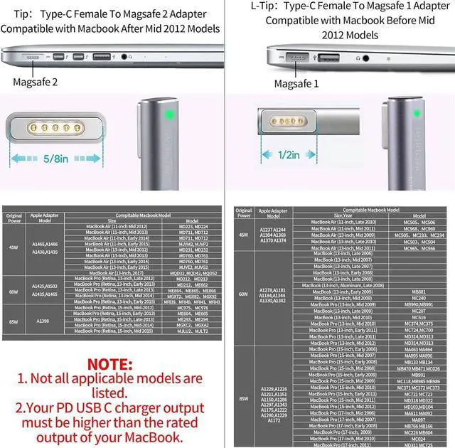 Alt view image 6 of 7 - Magnetic USB C Female to Mag-Safe 2 T Tip Male Adapter Compatible with MacBook Pro Air Type-C Converter Connector Support 100W60W85W45W PD Fast Charging Charger 2013 2014 2015 MD223 A1465 A1466