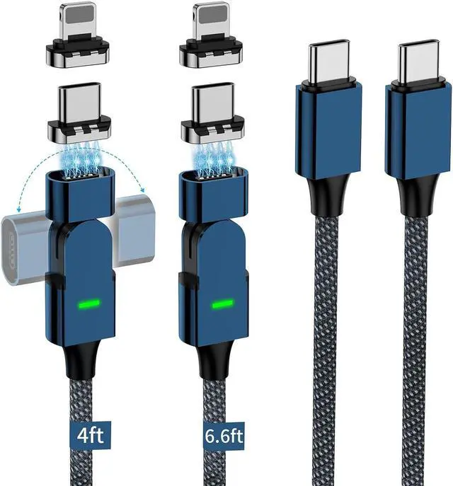 Main image of 100W USB C Magnetic Charging Cable 180° Rotation 2 in 1 Magnetic Phone Charger Cable [2 Pack 4/6.6ft] 480Mbps Data Transfer for iPhone 15 14 13 iPad MacBook Pro Galaxy S22 (Blue)