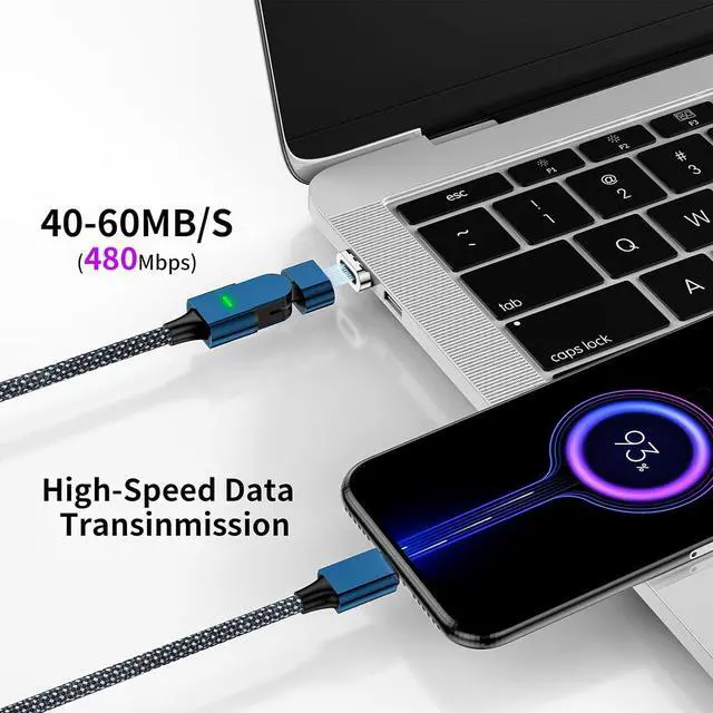 Alt view image 4 of 7 - 100W USB C Magnetic Charging Cable 180° Rotation 2 in 1 Magnetic Phone Charger Cable [2 Pack 4/6.6ft] 480Mbps Data Transfer for iPhone 15 14 13 iPad MacBook Pro Galaxy S22 (Blue)
