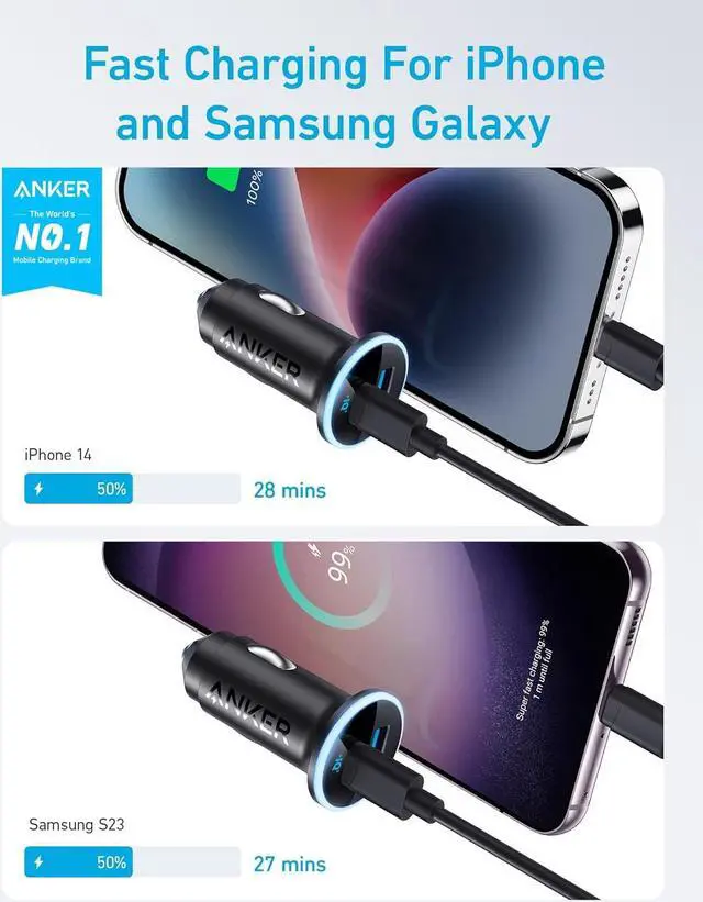 Alt view image 3 of 7 - USB C Car Charger Adapter 52.5W Cigarette Lighter Charger 323 Car Charger with 30W PowerIQ 3.0 Fast Charging Cable for iPhone 15/15 Pro Max 14/13/12 Series Galaxy S23/22 Pixel