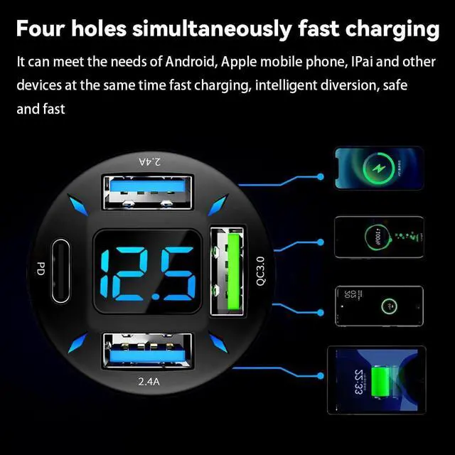 Alt view image 4 of 7 - 4 Ports USB Car Charger 66W Super Fast Charging USB QC 3.0 USB Adapter Charger with LED Voltmeter for Car Cigarette Lighter Plug Compatible with Most Cell Phone (1 PD+QC3.0+2.4A)