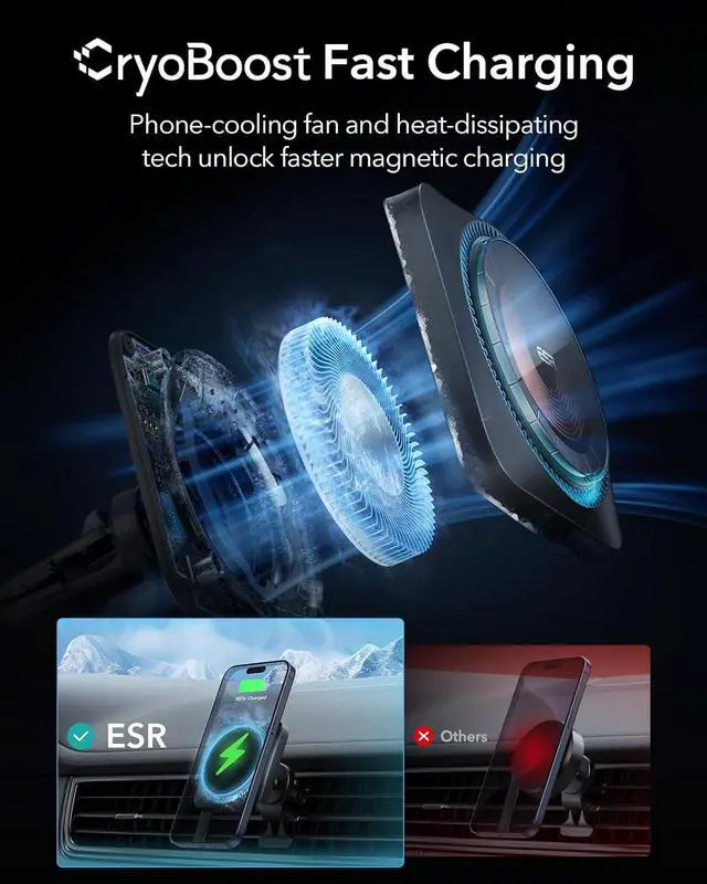 Alt view image 2 of 7 - ESR for MagSafe Car Mount Charger with CryoBoost, Phone Cooling MagSafe Car Charger, Magnetic Wireless Car Charging, Air Vent/Dashboard Car Phone Holder for iPhone 17/16/15/14/13/12,S25, Fast Charging