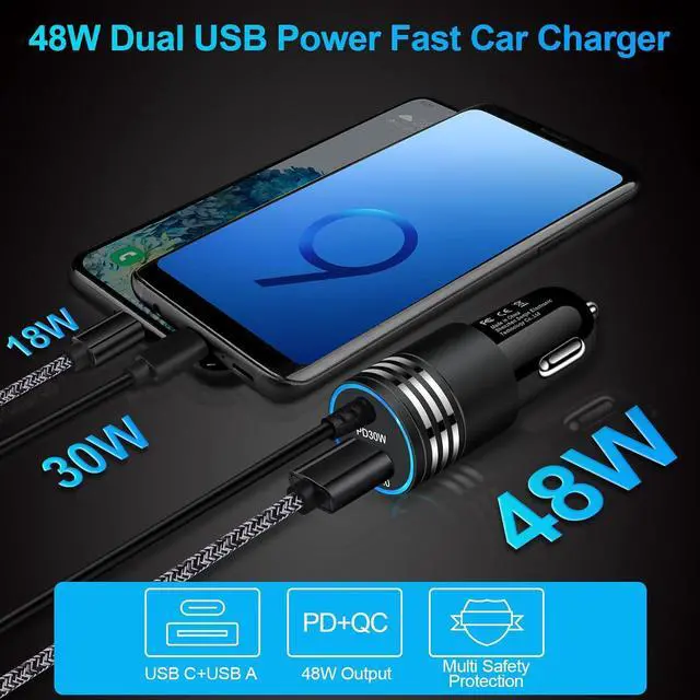 Alt view image 3 of 7 - 48W Super Fast Car Charger USB C Rapid Android Car Adapter with 30W Built-in Type C Fast Charging Cable for Samsung Galaxy S25 S24 S23 Ultra S22 S21 S20 FE A15 A14 A54 A53 A23 A13 A03S A32 S9 Z Flip6