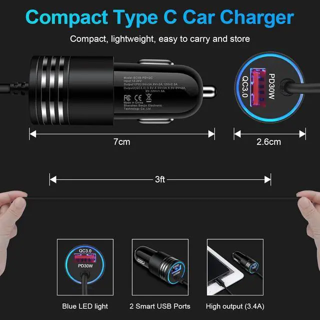 Alt view image 5 of 7 - 48W Super Fast Car Charger USB C Rapid Android Car Adapter with 30W Built-in Type C Fast Charging Cable for Samsung Galaxy S25 S24 S23 Ultra S22 S21 S20 FE A15 A14 A54 A53 A23 A13 A03S A32 S9 Z Flip6