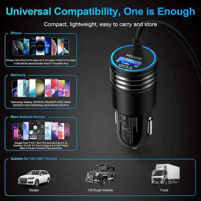 Alt view image 7 of 7 - 48W Super Fast Car Charger USB C Rapid Android Car Adapter with 30W Built-in Type C Fast Charging Cable for Samsung Galaxy S25 S24 S23 Ultra S22 S21 S20 FE A15 A14 A54 A53 A23 A13 A03S A32 S9 Z Flip6