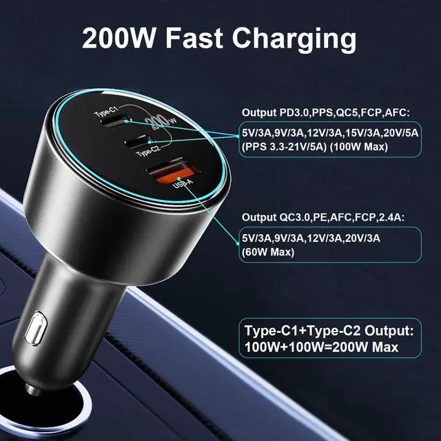 Alt view image 6 of 7 - 200W USB C Car Charger PD 100W Type C Car Charger Adapter QC5 PPS 45W Super Fast Charging for MacBook Pro Air iPhone 15 Pro Max Galaxy S22 S23 Ultra iPad Laptops