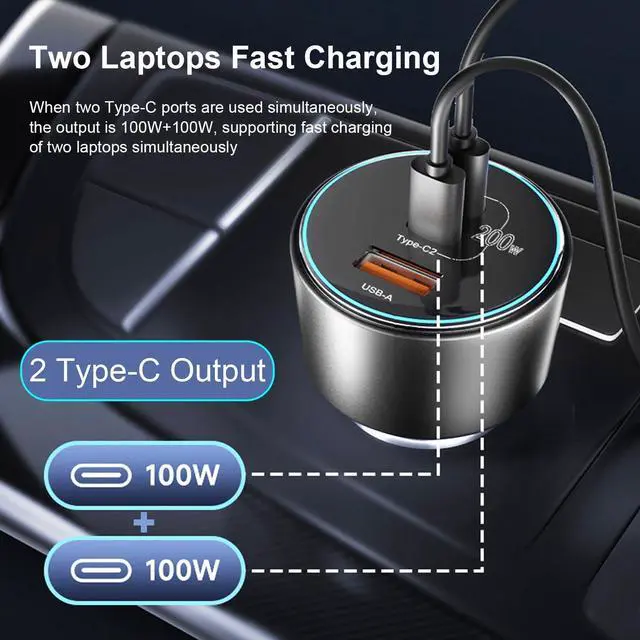 Alt view image 3 of 7 - 200W USB C Car Charger PD 100W Type C Car Charger Adapter QC5 PPS 45W Super Fast Charging for MacBook Pro Air iPhone 15 Pro Max Galaxy S22 S23 Ultra iPad Laptops