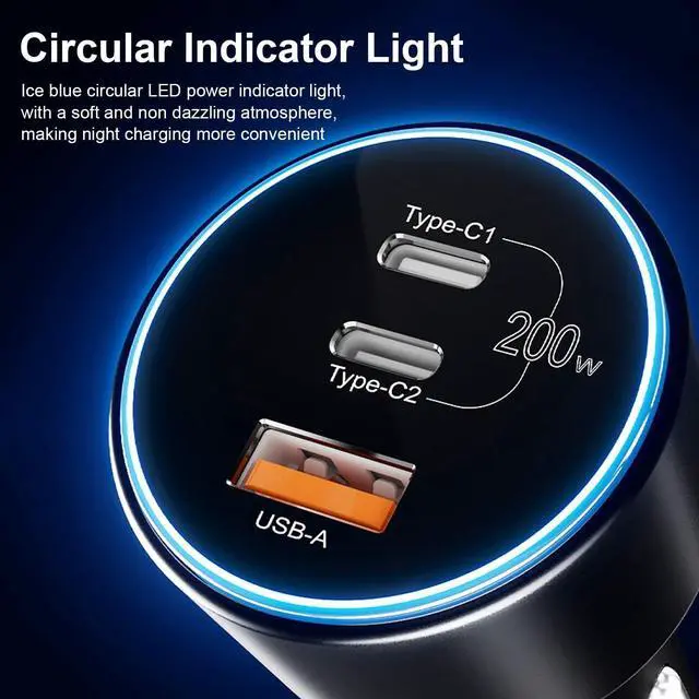 Alt view image 5 of 7 - 200W USB C Car Charger PD 100W Type C Car Charger Adapter QC5 PPS 45W Super Fast Charging for MacBook Pro Air iPhone 15 Pro Max Galaxy S22 S23 Ultra iPad Laptops