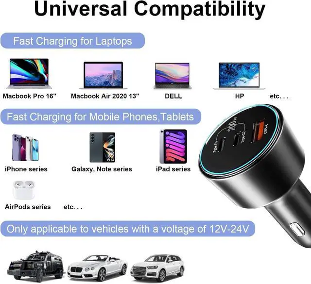Alt view image 7 of 7 - 200W USB C Car Charger PD 100W Type C Car Charger Adapter QC5 PPS 45W Super Fast Charging for MacBook Pro Air iPhone 15 Pro Max Galaxy S22 S23 Ultra iPad Laptops
