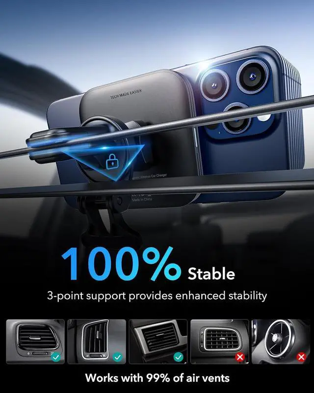Alt view image 7 of 7 - ESR for Qi2 15W MagSafe Car Mount Charger, Qi2-Certified MagSafe Car Charger, Air Vent/Dashboard Magnetic Wireless Phone Holder Mount for iPhone 16/15/14/13/12, Galaxy S25, Fast Charging, Black